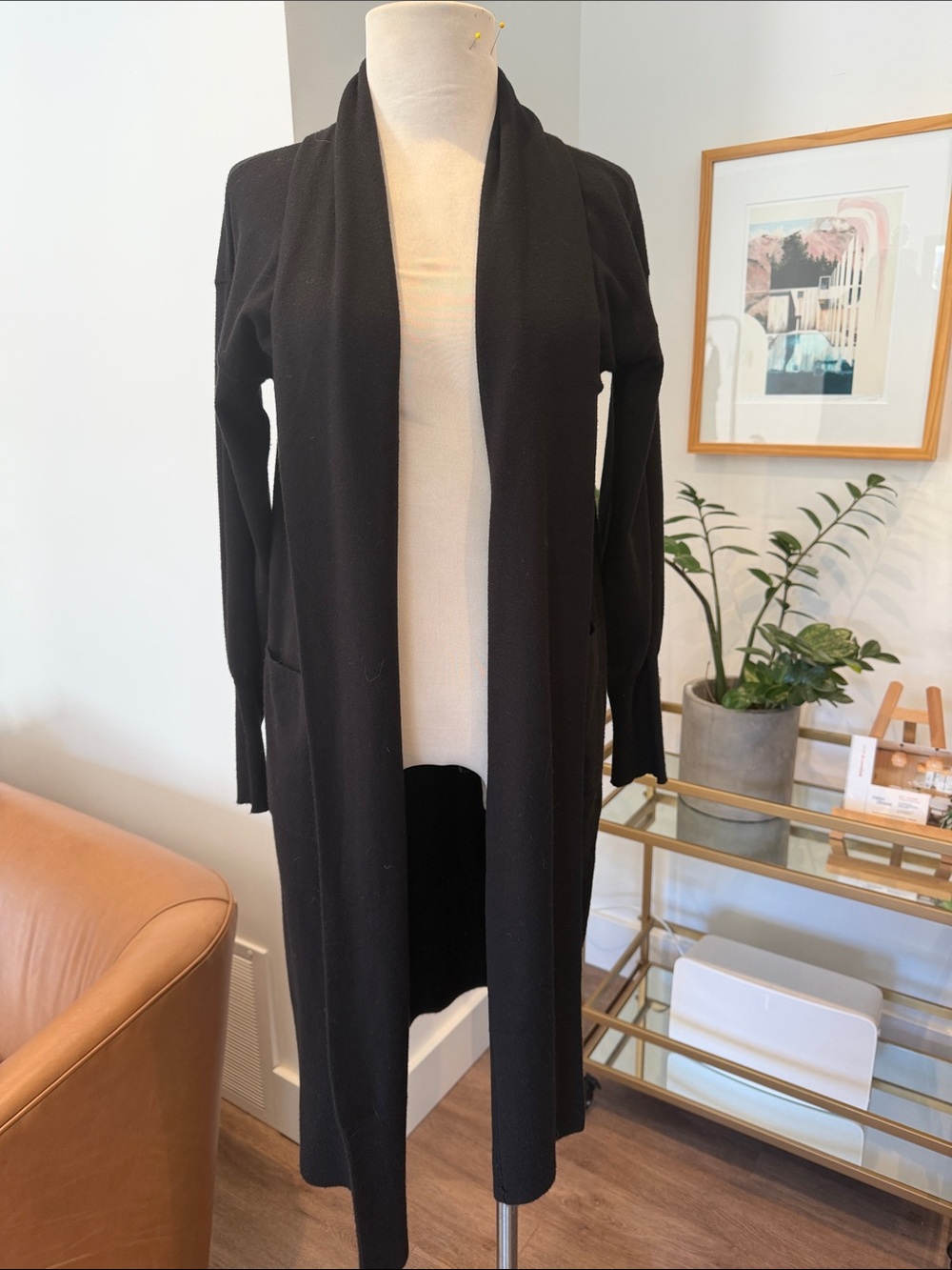 Evereve Black Longline Open-Front Knit Cardigan